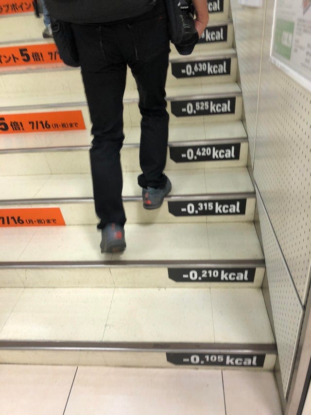5. On the stairs, you can read numbers of calories burned for who goes on them
